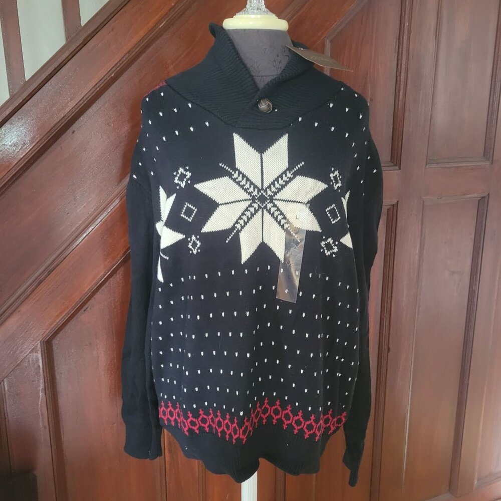 Weatherproof Vintage 1948 Mens Knit Sweater With Snowflake Design Shawl Collar &